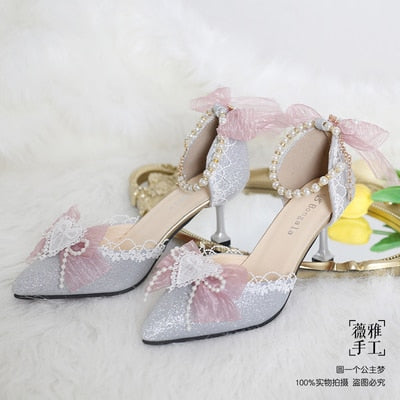 Advbridge Kawaii Girl Tea Party Elegant Pearl Love Lace Bowknot Lolita Shoes Multicolor Exquisite Embroidery Pointed Sandals Cosplay Lolit