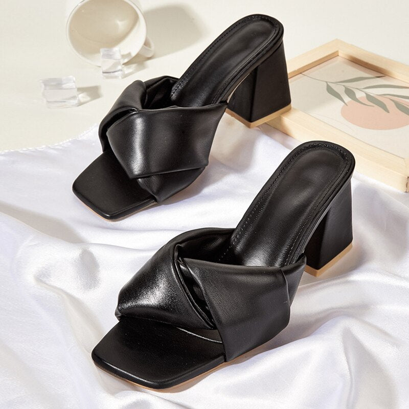 Advbridge High Quality Green Pleated Leather Women Low Square Heels Sliders Slippers Open Toe Casual Gladiator Sandals Beach Shoes
