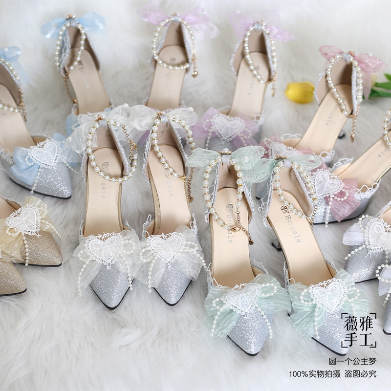 Advbridge Kawaii Girl Tea Party Elegant Pearl Love Lace Bowknot Lolita Shoes Multicolor Exquisite Embroidery Pointed Sandals Cosplay Lolit