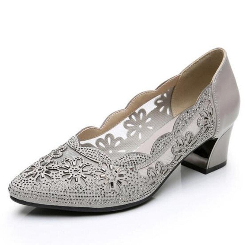 Advbridge Summer Fashion Hollow Out Genuine Leather Pumps Women Shoes Med Heels Square Diamond Mesh Ladies Office  Crystal Pointshoes