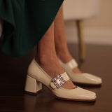 Advbridge Mary Jane Shoes Retro Style High Heel Elegant Women Pumps 6cm Crystal Lady Shoes SquareToe Spring Atumn Real Leather talon femme