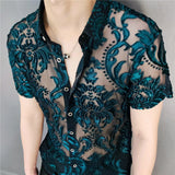 Advbridge Transparent Blue Floral Shirt Masculine Soft Velvet Slim-fit Men's Clothing Nightclub Short-sleeved Sexy Shirt See Through