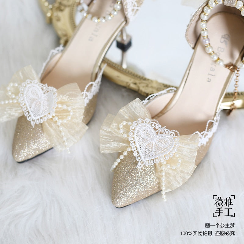 Advbridge Kawaii Girl Tea Party Elegant Pearl Love Lace Bowknot Lolita Shoes Multicolor Exquisite Embroidery Pointed Sandals Cosplay Lolit