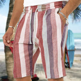 Advbridge Spring Summer Beach Shorts Mens Solid Color Drawstring Tie-up Cotton Linen Pant For Mens Clothing Loose Vintage Stripe Shorts