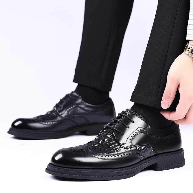 Advbridge Hollow Out Genuine Leather Men Shoes Breathable Formal Business Work Chaussures Square Heel Flats Sapato Social Masculino