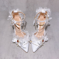 Advbridge Vintage Lolita Style Pointy High-heeled Women's Shoes Pearl Fringe Wristband Chiffon Lace Rhinestone Bridal Flower Wedding Shoes