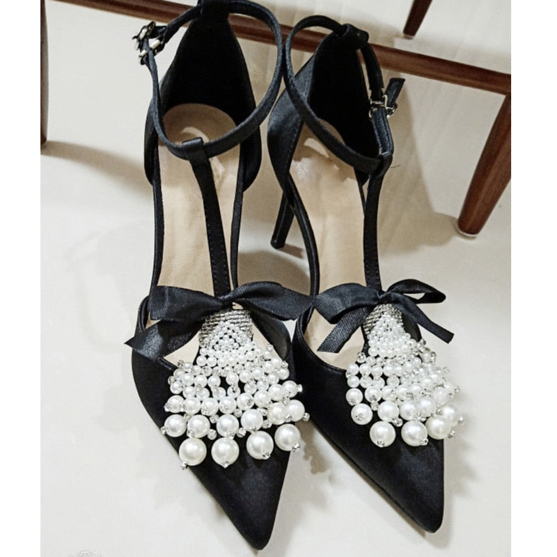 Advbridge Sexy Fan -Shaped Pearl Tassel High Heels Sandals Woman Sexy Black Silk bow T- Strap Pointed Toe Party Dress Shoes