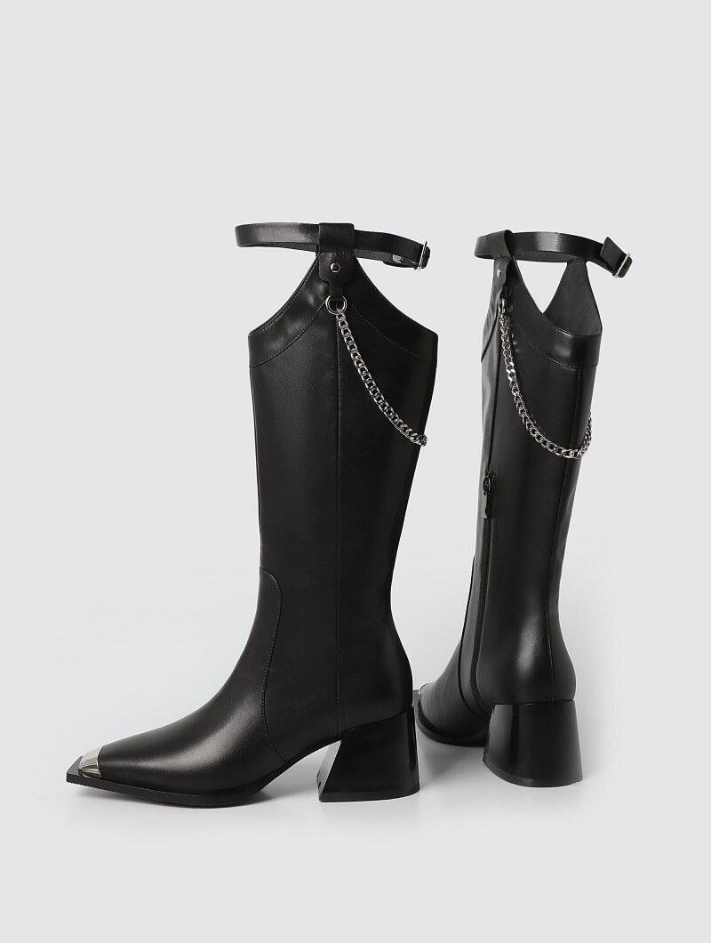 Advbridge Womens Mid Calf Street High Boots Thick Heel 7CM Square Toe Side Zipper Punk Style Shoes Cow Split Leather Chain Boots For Women