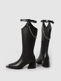 Advbridge Womens Mid Calf Street High Boots Thick Heel 7CM Square Toe Side Zipper Punk Style Shoes Cow Split Leather Chain Boots For Women