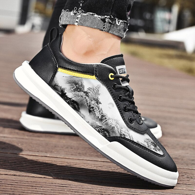 Advbridge Men Leather Shoes Lace Up Mens Casual Shoes Fashion Sneakers Men Shoes Graffiti Personalized Men's Shoes