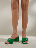 Advbridge High Quality Green Pleated Leather Women Low Square Heels Sliders Slippers Open Toe Casual Gladiator Sandals Beach Shoes
