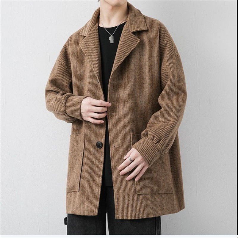 Advbridge Autumn Winter Men Woolen Coats Casual Turn Down Collar Jacket Loose Single Breasting Tops Korean Tide Coats