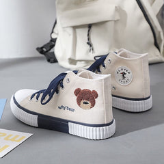 Advbridge Women's High Platform Bear White Kawaii Canvas Sports Shoes Flat Sneakers Anime Spring Vulcanize Trainers Korean Rubber