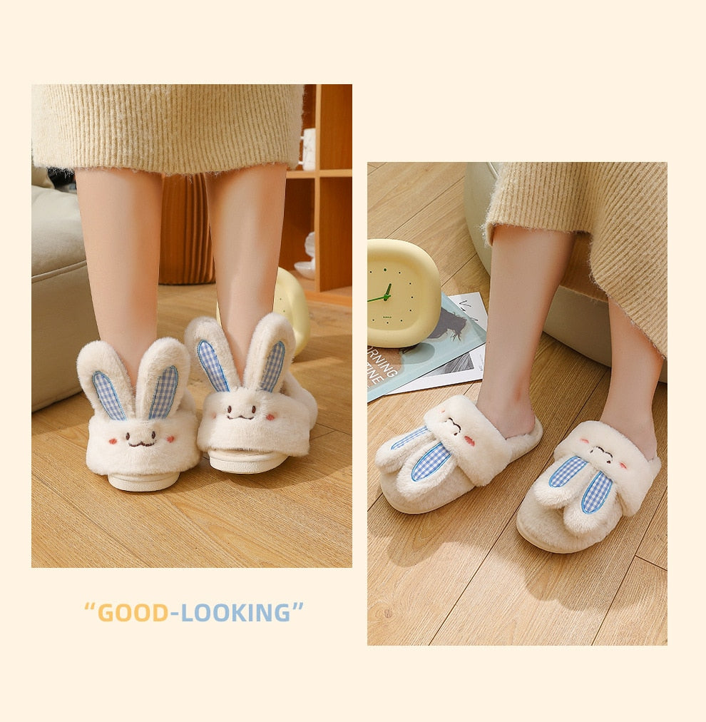 Advbridge Women Home Floor Slippers Cute Cartoon Rabbit Couples Winter Shoes Warm Plush Anti-slip Female Male Indoor Cotton Slides