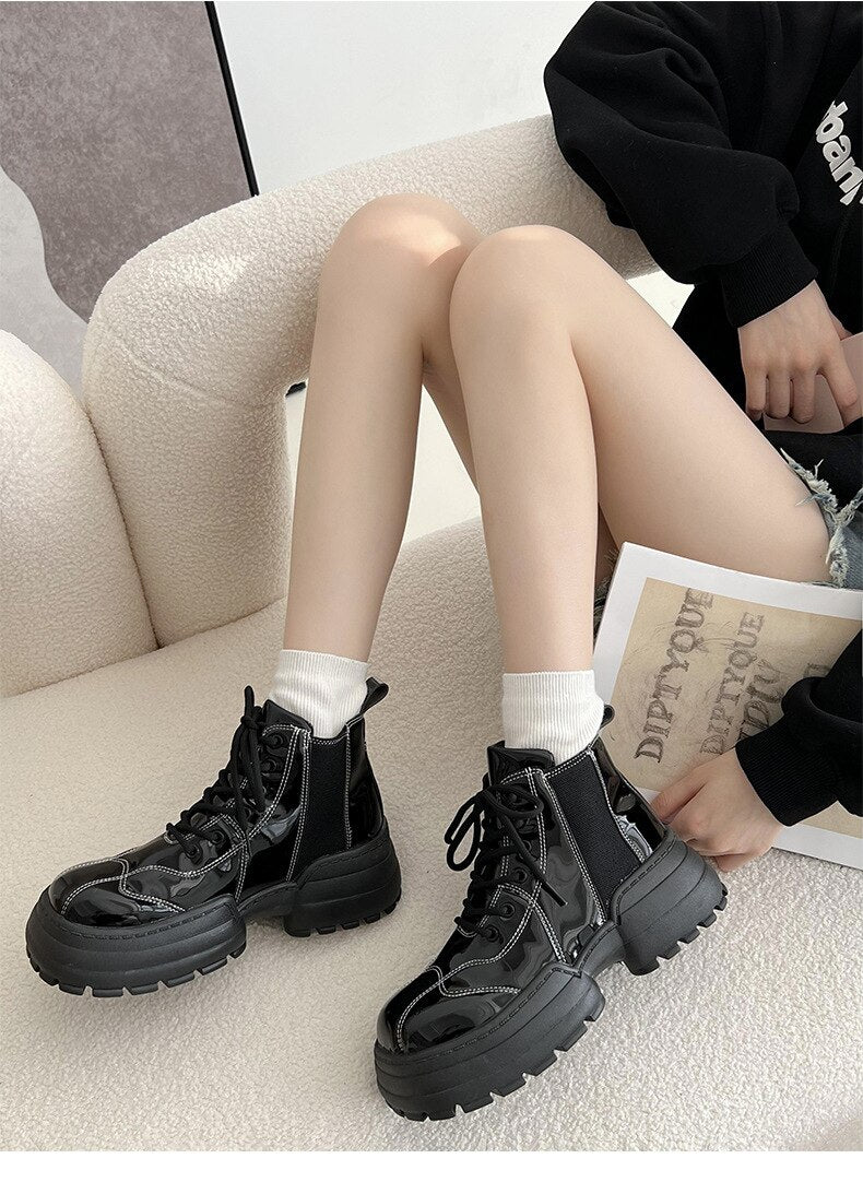 Advbridge 2023 Brand Women Ankle Boots Genuine Leather Chunky Black Platform Winter Lace Up Woman Short Boots Woman Motorcycle Boots Shoes