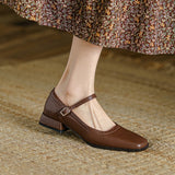 Advbridge New Genuine Leather Mary Jane Women's Shoes LEISURE Buckle Shallow Pumps Square Toe Thick Heel Shoes Woman Zapatos De Mujer