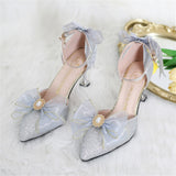 Advbridge French Girl Butterfly Multicolor Lace Bowknot Pearl Sequin Lolita Shoes Pointed Sandals High Heel Victoria Tea Party Cosplay Lol