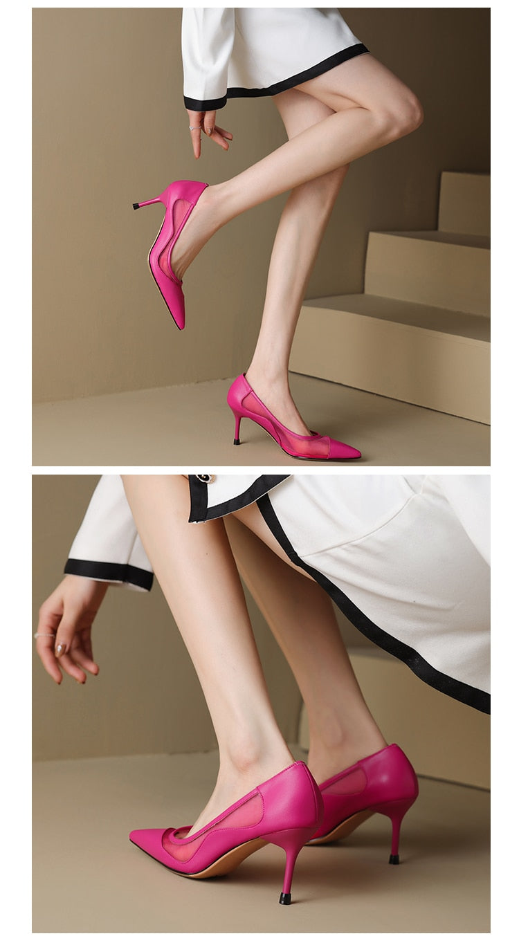 Advbridge 2023 new Spring women pumps natural leather 22-24.5cm cowhide+mesh+pigskin full leather high heels pointed toe women shoes