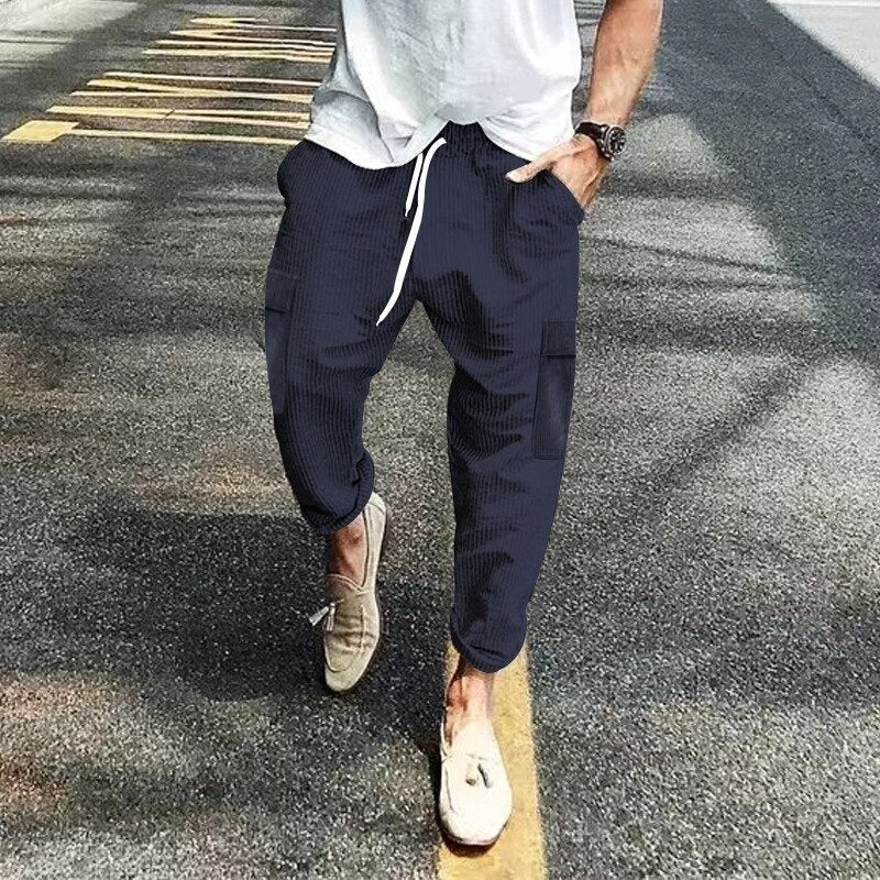 Advbridge Vintage Solid Loose Corduroy Trousers Men Casual Drawstring Pocket Sports Trouser Men Fashion High Waist Korean Casual Pant