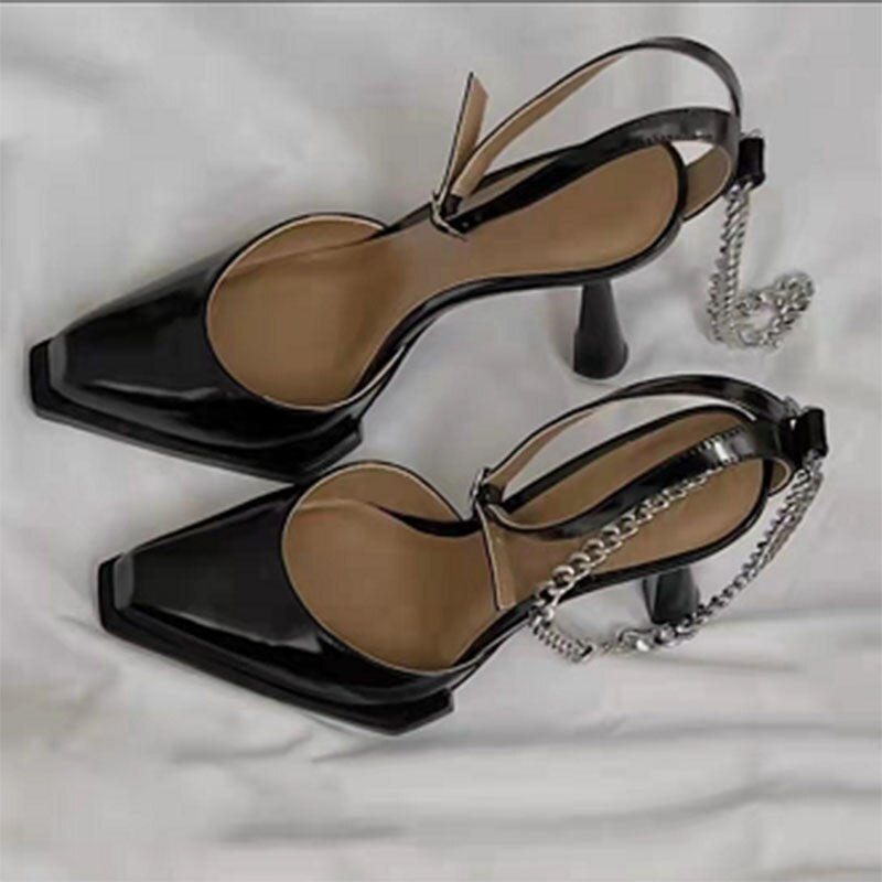 Advbridge Chain Square Toe High Heels Shallow Ankle Buckle Strap Women Stiletto Sandalias Retro Sexy Female Pumps Summer Party Dress Shoes