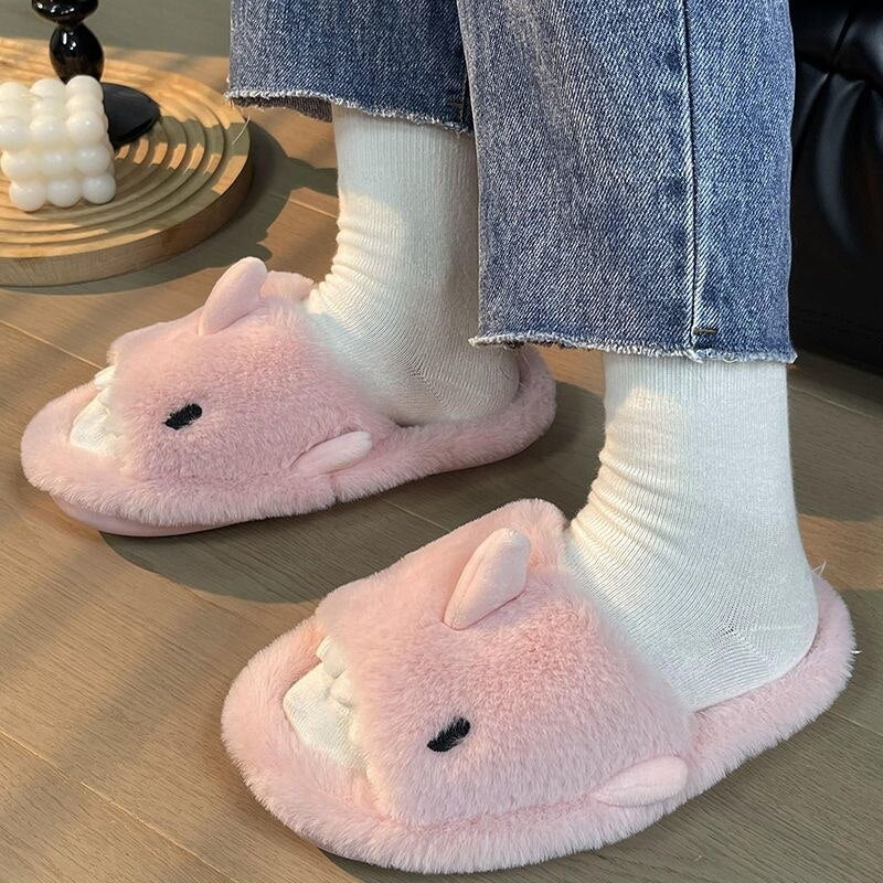 Advbridge Cartoon Miniso Winter Plush Shark Slipper Y2k Girl Fashion Casual Indoor Warm Cute Shoes Women Couple Soft Thick Trendy Shoes