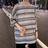 Advbridge Summer Grey/Black Striped T-Shirt Men Fashion Retro Casual T Shirt Men Streetwear Korean Loose Short Sleeve T-Shirt Mens Top
