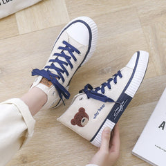 Advbridge Women's High Platform Bear White Kawaii Canvas Sports Shoes Flat Sneakers Anime Spring Vulcanize Trainers Korean Rubber