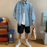 Advbridge Men's Long Sleeve Classic Hawaiian Cargo Shirts Pocket Loose Denim Shirts Fashion Trend Coats Blue Color Camisa Masculina