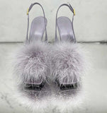 Advbridge Purple Black Silk Ostrich Feather Fur High Heel Sandals Peep Toe Thin Heels Square Peep Toe Woman Banquet Shoes