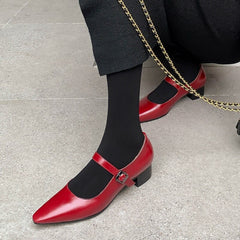 Advbridge Cowhide Women Pumps One Strap Buckle Shoes Vintage Color Mary Janes Women Pumps French Style Shoes On Heels 3.5 CM Pointed Toe