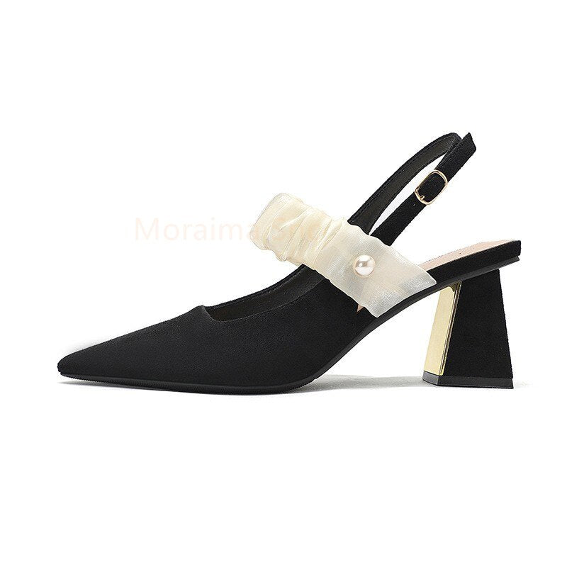 Advbridge Black Pointed Toe Chunky Heel Sandals Slingback Women's Shoes 2023 Spring New Temperament Versatile Casual Dress High Heels