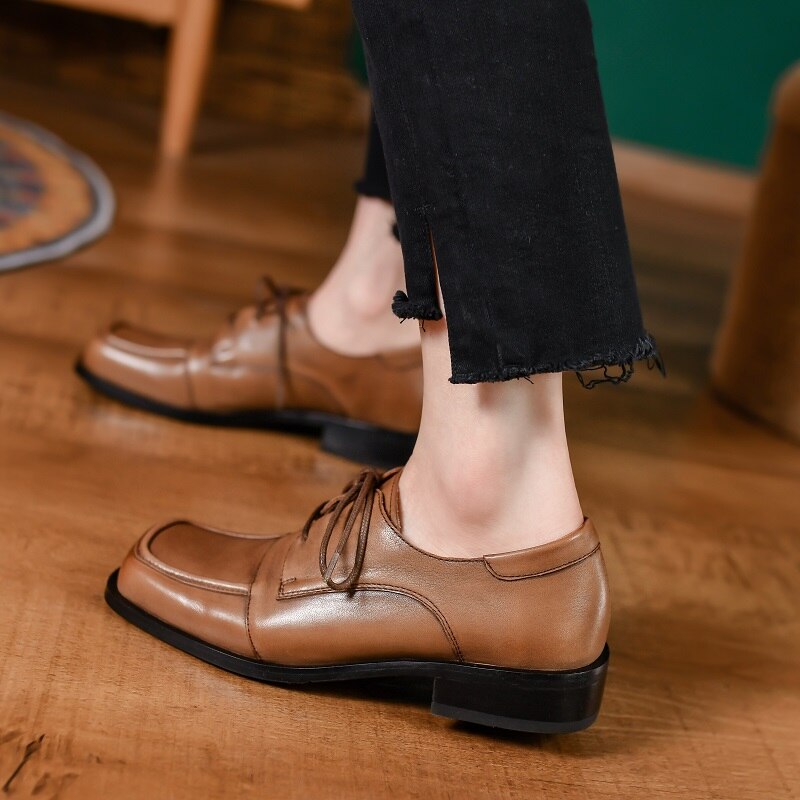 Advbridge Spring Autumn Vintage Simple Shoes Ladies Cowhide Soft Leather Lace-Up Flats Low Heel SquareToe British Style Daily Shoes Woman