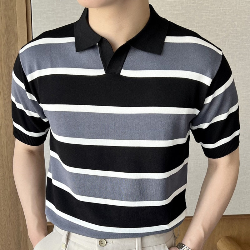 Advbridge Summer Short Sleeve Vintage Stripe Contrast Stitching T Shirt Men Casual T-Shirt  Breathable Lapel Polo Tees Men Clothing