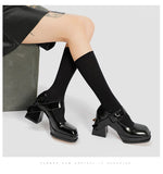 Advbridge Women Patent Leather High Heel Mary Janes Shoes Vintage Buckle Platform Lolita Shoes Ladies Pumps Female Square Toe Casual Shoes