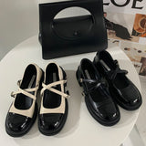 Advbridge High Heels Autumn Women Double Buckle Mary Janes Shoes Black Patent Leather Dress Shoes Pumps Retro Elegant Ladies Loafers