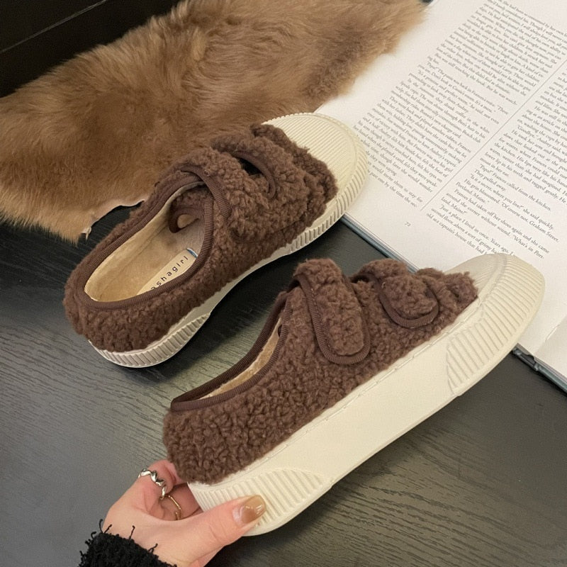 Advbridge Round Toe Warm Plush Women Shoes Fashion Cover Heel Wool Flats Soft Sole Slip-on Thick Bottom Zapatos Mujer