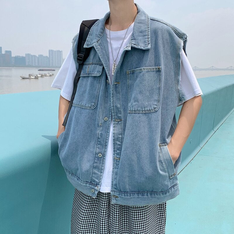 Advbridge Blue Denim Vest Men's Fashion Vintage Pocket Vest Men Japanese Streetwear Hip-hop Loose Sleeveless Jackets Mens Denim Jacket