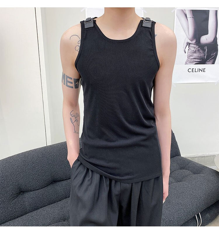 Advbridge Men's Leather Buckle Tank Tops Vest Tshirt Knitted Elastic Male Japan Korean Streetwear Fashion Slim Fit Tees Sleeveless T-shirt