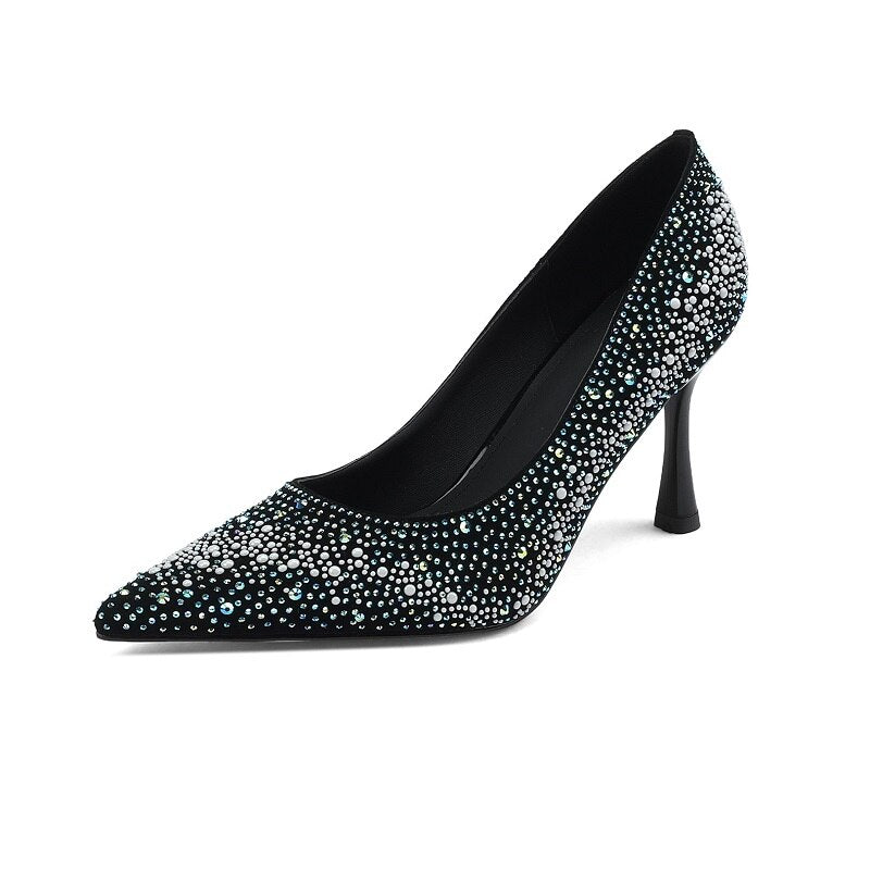 Advbridge Elegant Pearls Thin High Heel Wedding Shoes Spring Summer Daily Shoes Slip On Pointed Toe Pumps Women Pumps Crystal Party Shoes