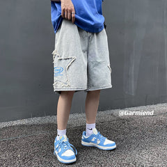 Advbridge Ripped Stars Patch Jeans Shorts for Men Summer Korean Fashion Trends Streetwear Bottoms Teenage Baggy Denim Pants Gothic Clothes