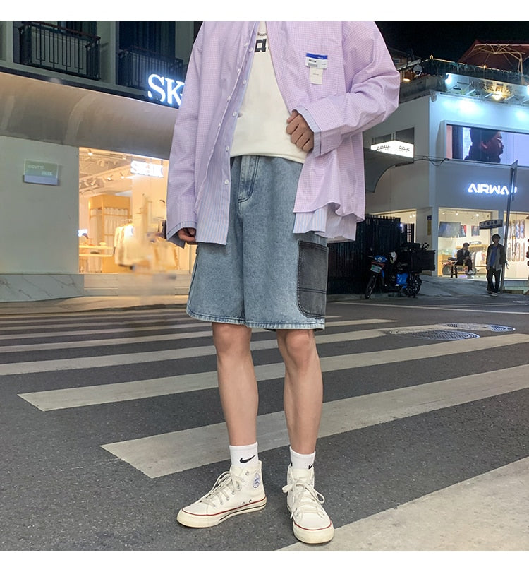 Advbridge Mens Patchwork Color Denim Shorts Streetwear Bermuda Male Multi-Pockets Casual Half Jean Summer Fashion Cargo Shorts Men