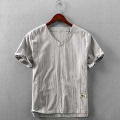 Advbridge Men Big Size Summer Cotton Linen Shirt Short Sleeve Simple Comfortable Thin Loose V-Neck Pullover Shirt New