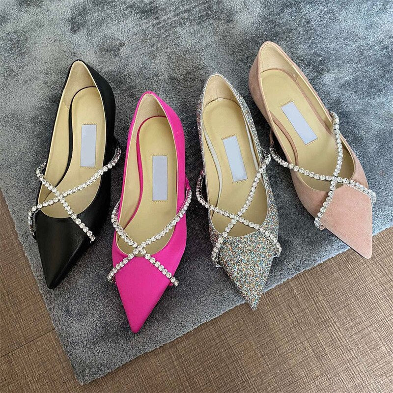 Advbridge Pointed toe fashion shoes women's summer new sequins rhinestone French cross strap casual flat shoes