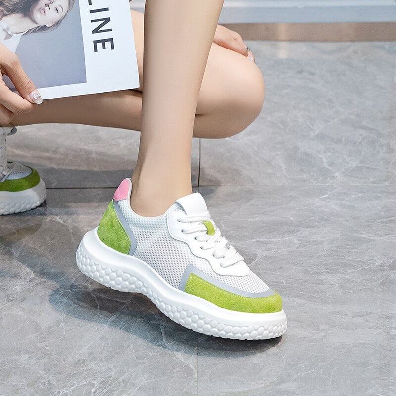 Advbridge New Women Chunky Shoes Fashion Mesh Vulcanized Shoes Green Lace-Up Women Sneakers Summer Outdoor Sport Shoes Tenis Feminino