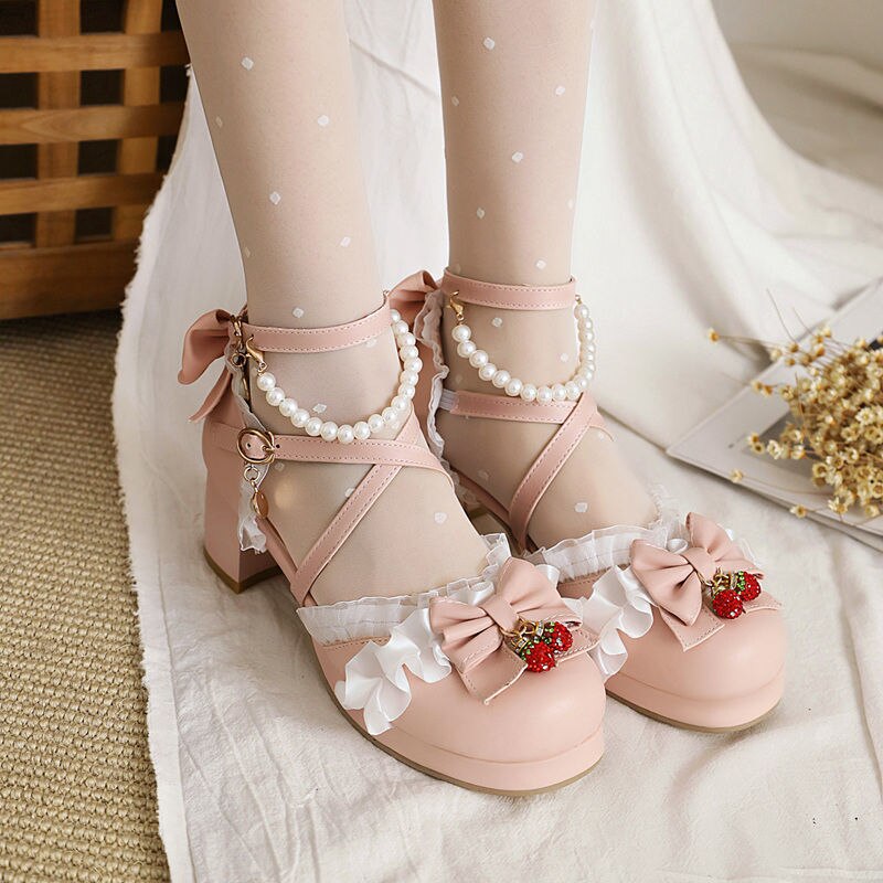 Advbridge Female Spring Anime Maid Cosplay Lolita Sandals Women's Heeled Shoes Vintage Bow High Heels Leather Princess Platform Shoe