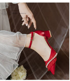 Advbridge Elegant Wedding Shoes Women Korean Style Pearl Ankle Strap Chic Bridal Shoes Female Satin Casual Medium Heels Shoes Autumn
