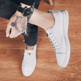 Advbridge Classic Simple Men Sneakers Lace-Up Soft Leather Shoes Color Matching Casual Flats Shoes   Comfy Men's Vulcanize Shoes All-match