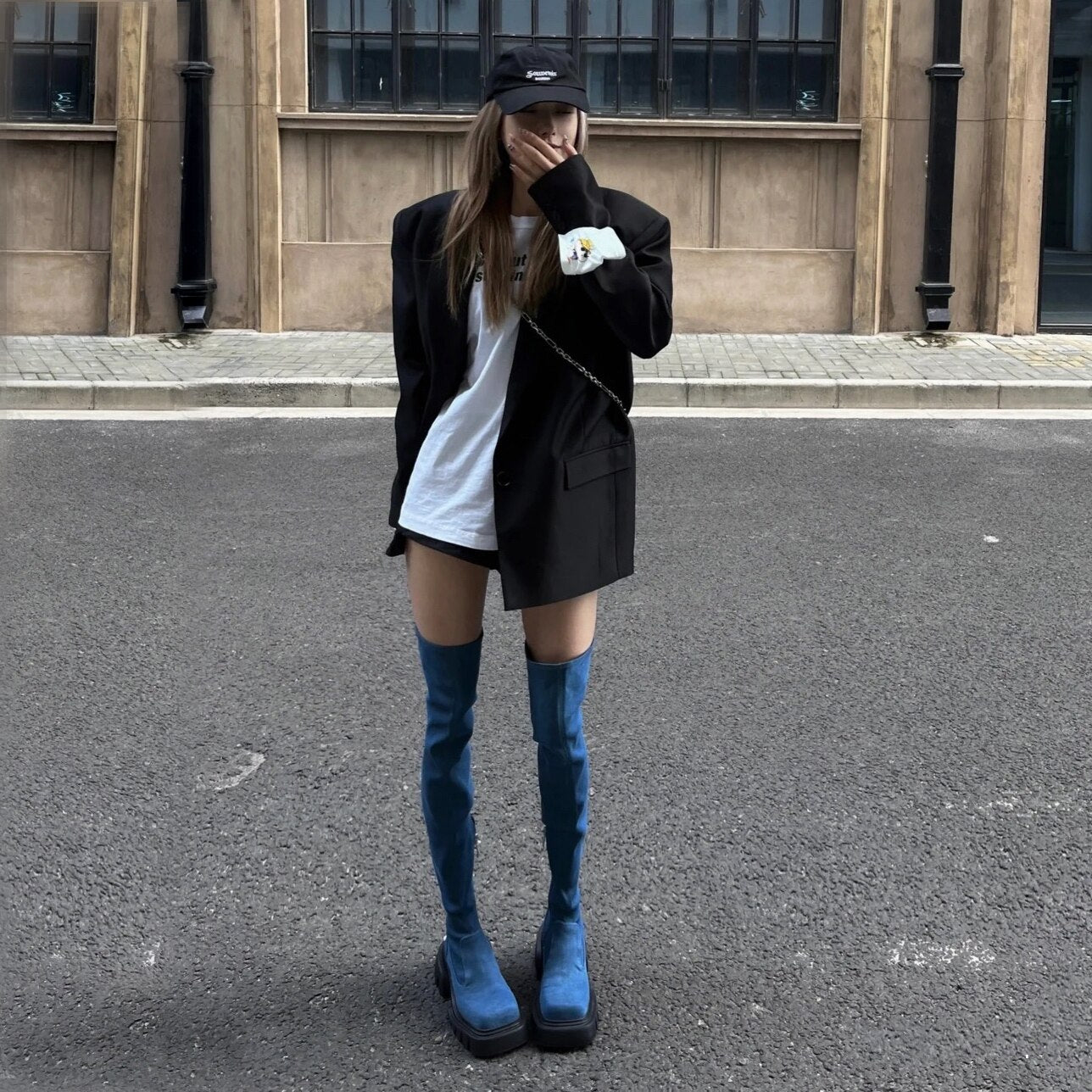 Advbridge New Over Knee Boots Square Toe Tall Elastic Boots Solid Color Denim Rider Boots For Woman