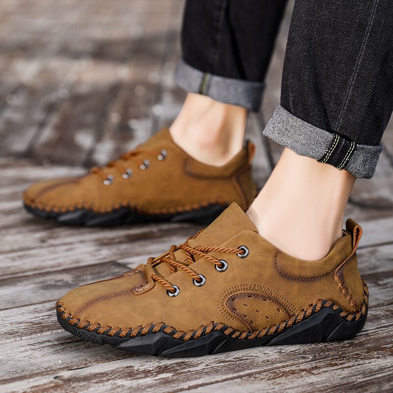 Advbridge Fashion Vintage Handmade Leather Men Shoes New Outdoor Casual Loafers Lace-up Moccasin Tooling Shoes Driving Flat Big Size 38-48