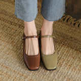 Advbridge New Genuine Leather Mary Jane Women's Shoes LEISURE Buckle Shallow Pumps Square Toe Thick Heel Shoes Woman Zapatos De Mujer